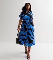 New Look Curves Blue Doodle Print Tie Waist Midi Shirt Dress